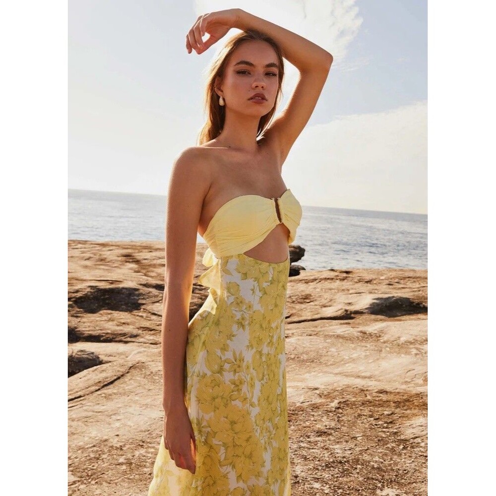 PEPPERMAYO Women’s New Maxi‎ Dress 2 Yellow Floral Tie Bow Back Strapless